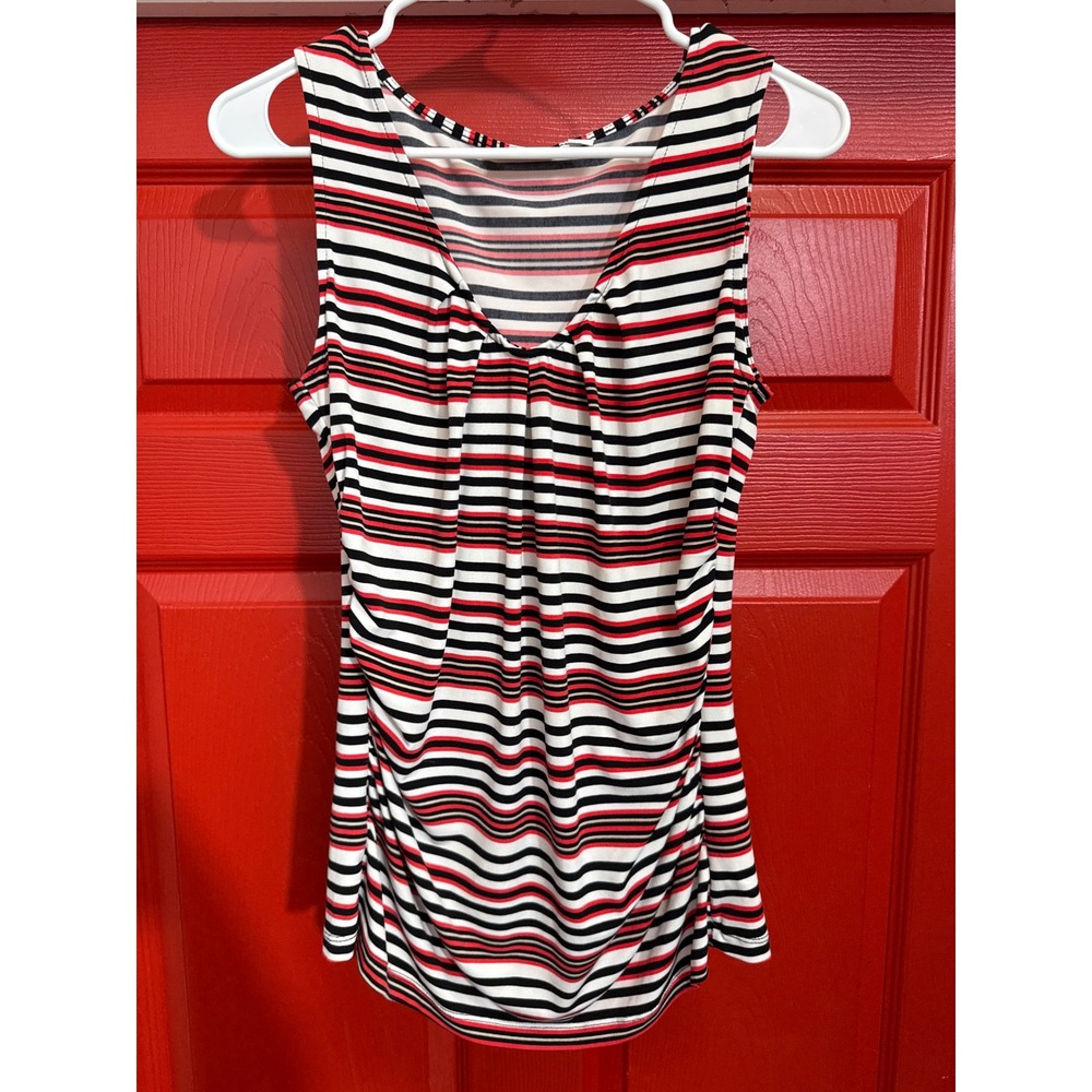 New York & Company Stretch Red Black Striped Ruched V-Neck Sleeveless Top Medium